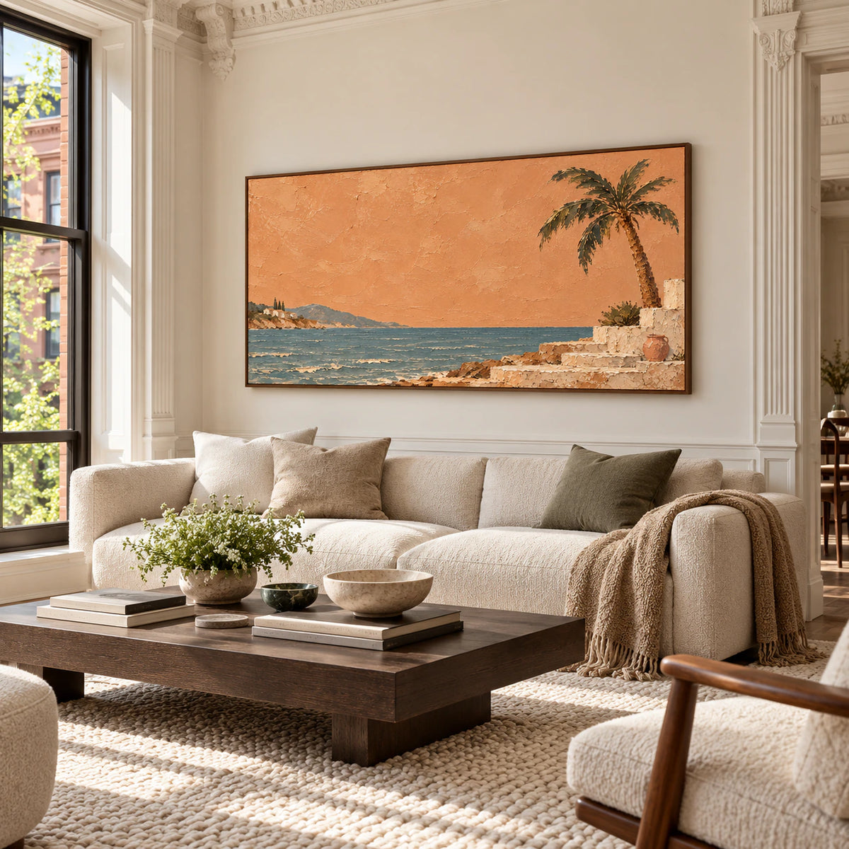 Copper-Littoral as the focal artwork in an expansive loft interior with high ceilings, broad windows, neutral furnishings, and clear natural light.