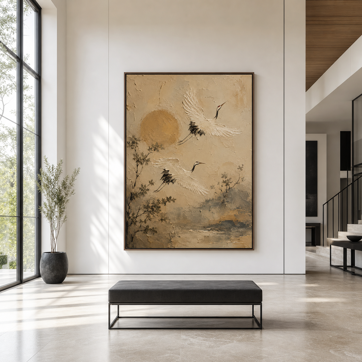 Large Crane-Passage artwork displayed as the hero of a bright, expansive double-height interior.