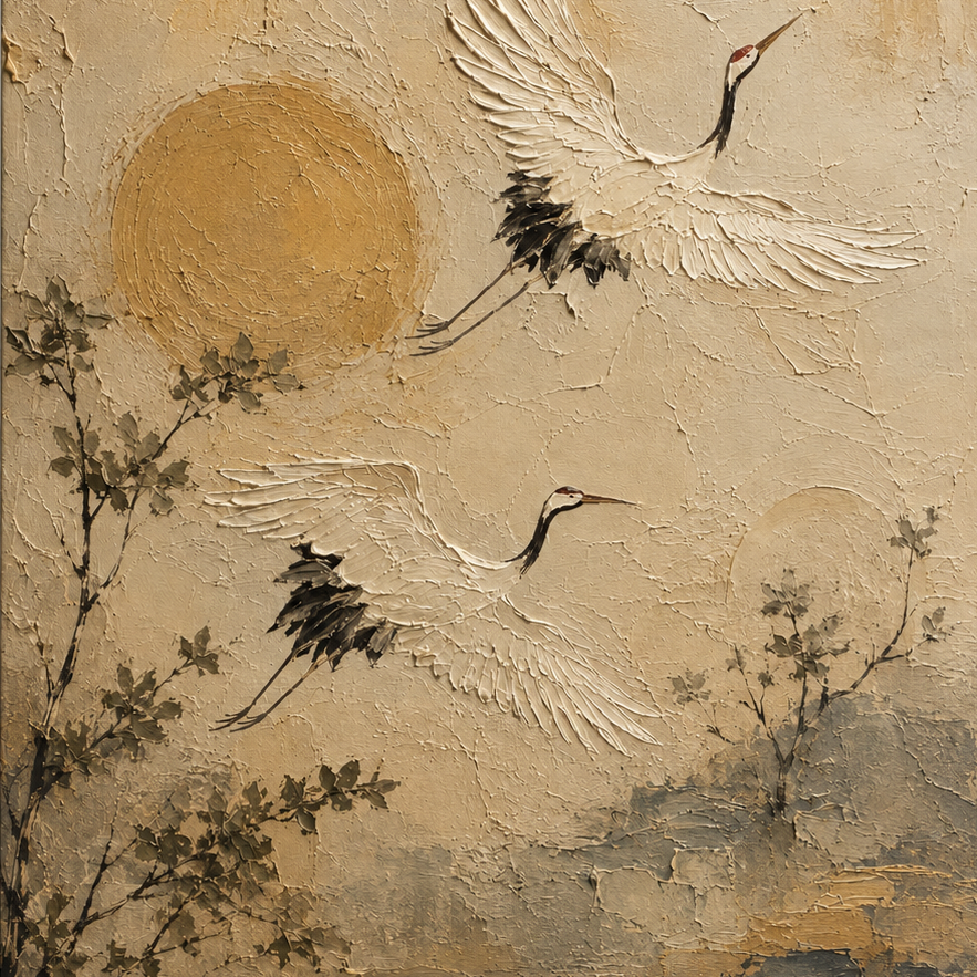 Close full-artwork view revealing the raised crane feathers, layered ridges, and weathered surface marks.