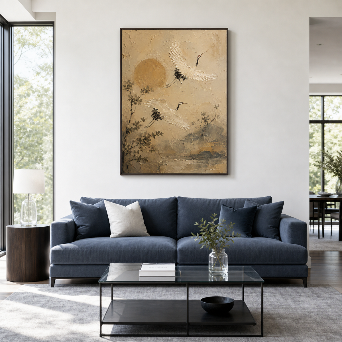 Crane-Passage displayed prominently above contrasting seating in a bright contemporary living room.