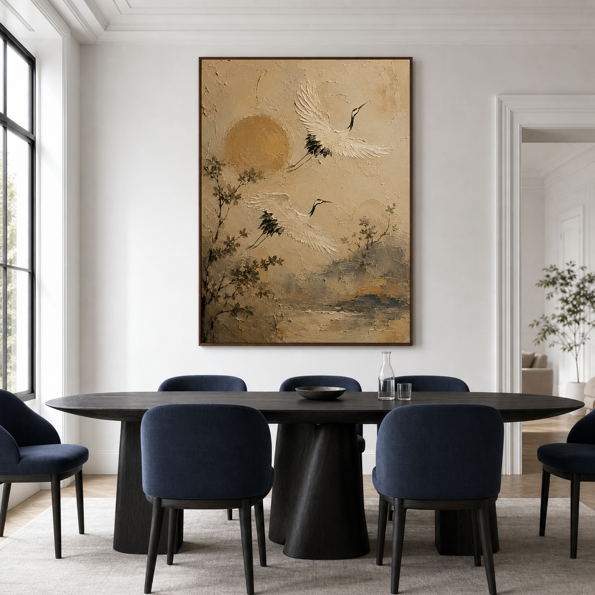Large vertical Crane-Passage artwork commanding a refined, naturally lit dining room.