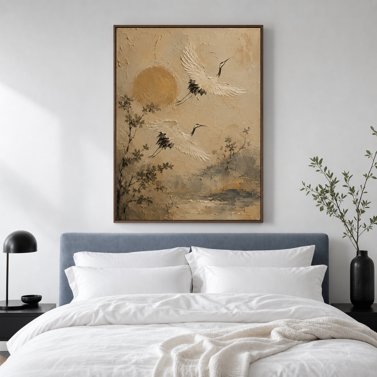 Crane-Passage forming a serene focal point above a low bed in a quiet daylight-filled bedroom.