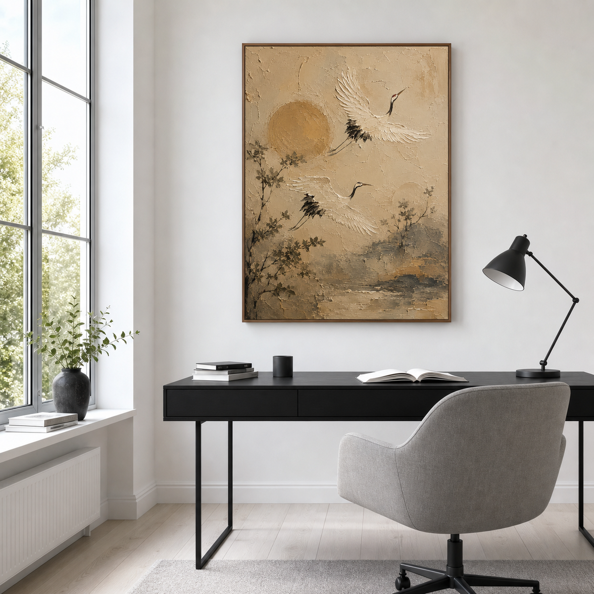 Large Crane-Passage artwork displayed beside a streamlined desk in an airy home office.