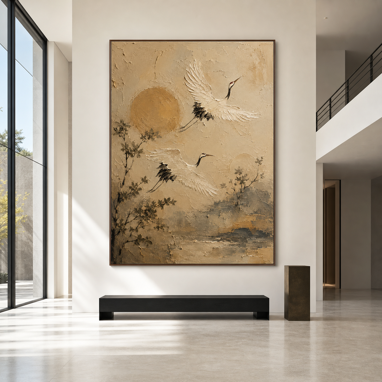 Monumental Crane-Passage artwork anchoring a bright gallery-scale foyer with restrained furnishings.