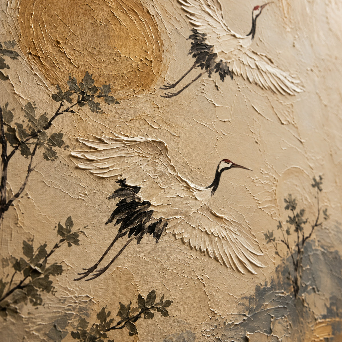 Crane-Reverie oil painting brushwork and impasto detail photographed from an oblique side angle