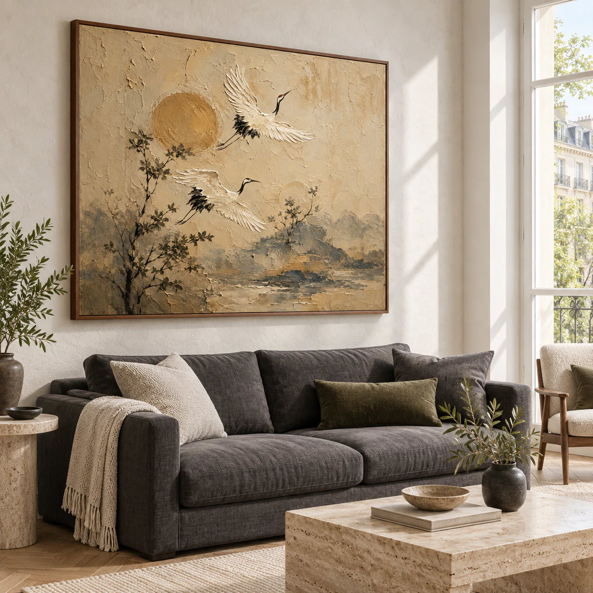 Crane-Reverie as the focal artwork in a bright contemporary living room.