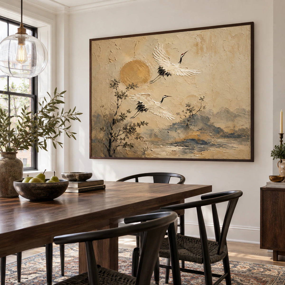Crane-Reverie above a refined dining setting in natural daylight.