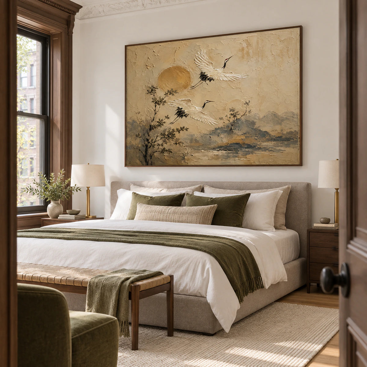 Crane-Reverie anchoring a quiet, softly lit bedroom.