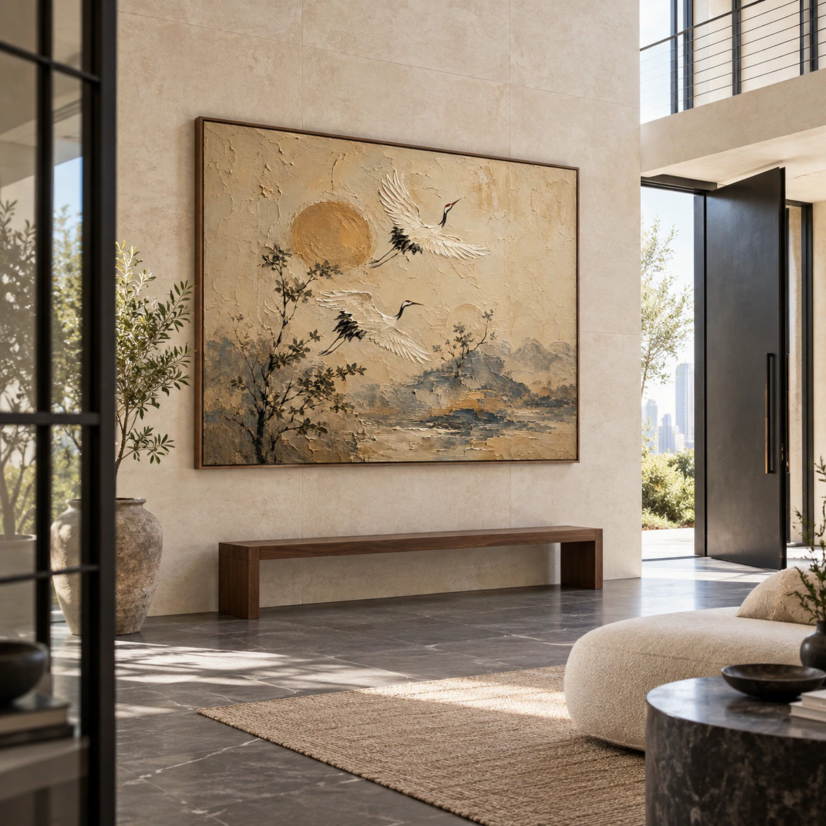 Crane-Reverie presented at gallery scale in a bright foyer.
