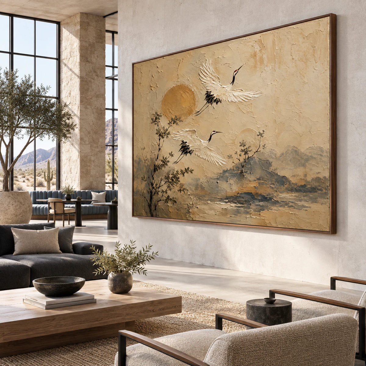 Crane-Reverie as a statement artwork in an expansive loft hospitality interior.