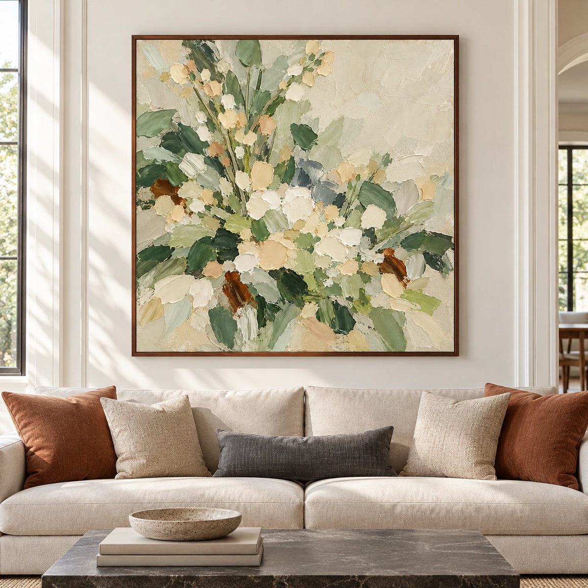 Large square floral painting displayed straight-on as the focal point of a spacious, bright living room.