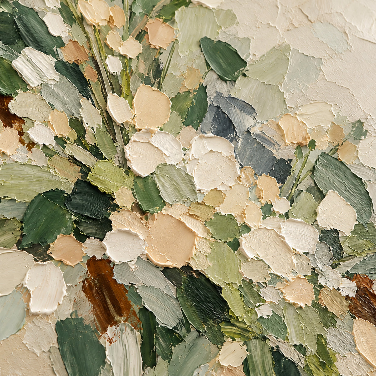 Cream-Bouquet oil painting brushwork and impasto detail photographed from an oblique side angle