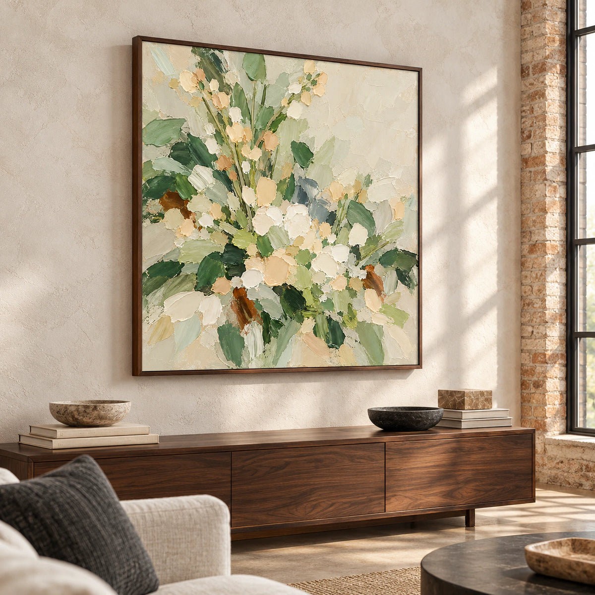 Square floral painting above a low console in a bright living room with restrained neutral furnishings.