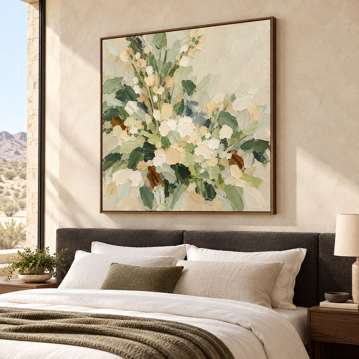 Square floral painting above a quiet bedroom headboard, surrounded by pale neutral surfaces.