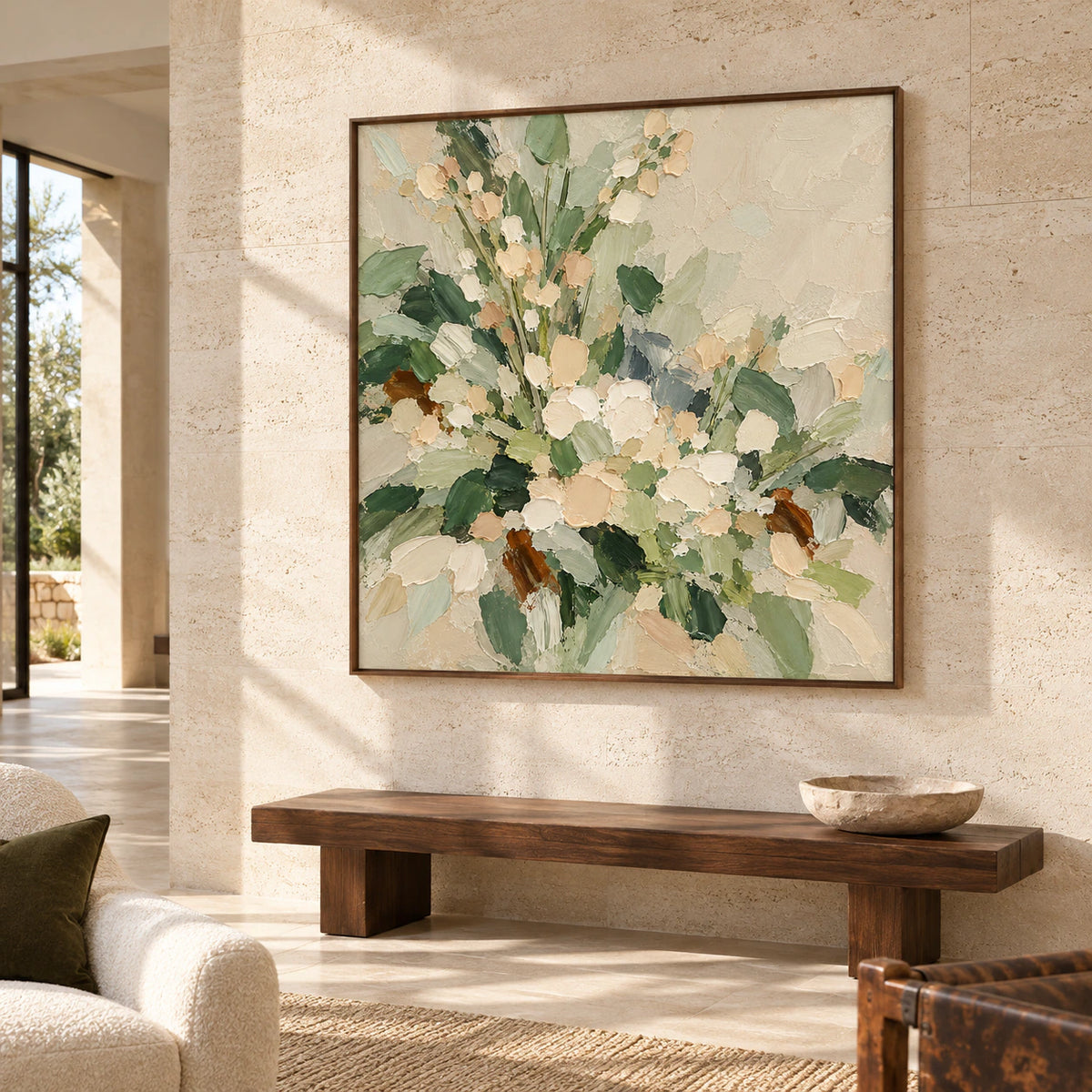 Large square floral painting commanding a bright, gallery-scale foyer with a stone floor and tall entry walls.