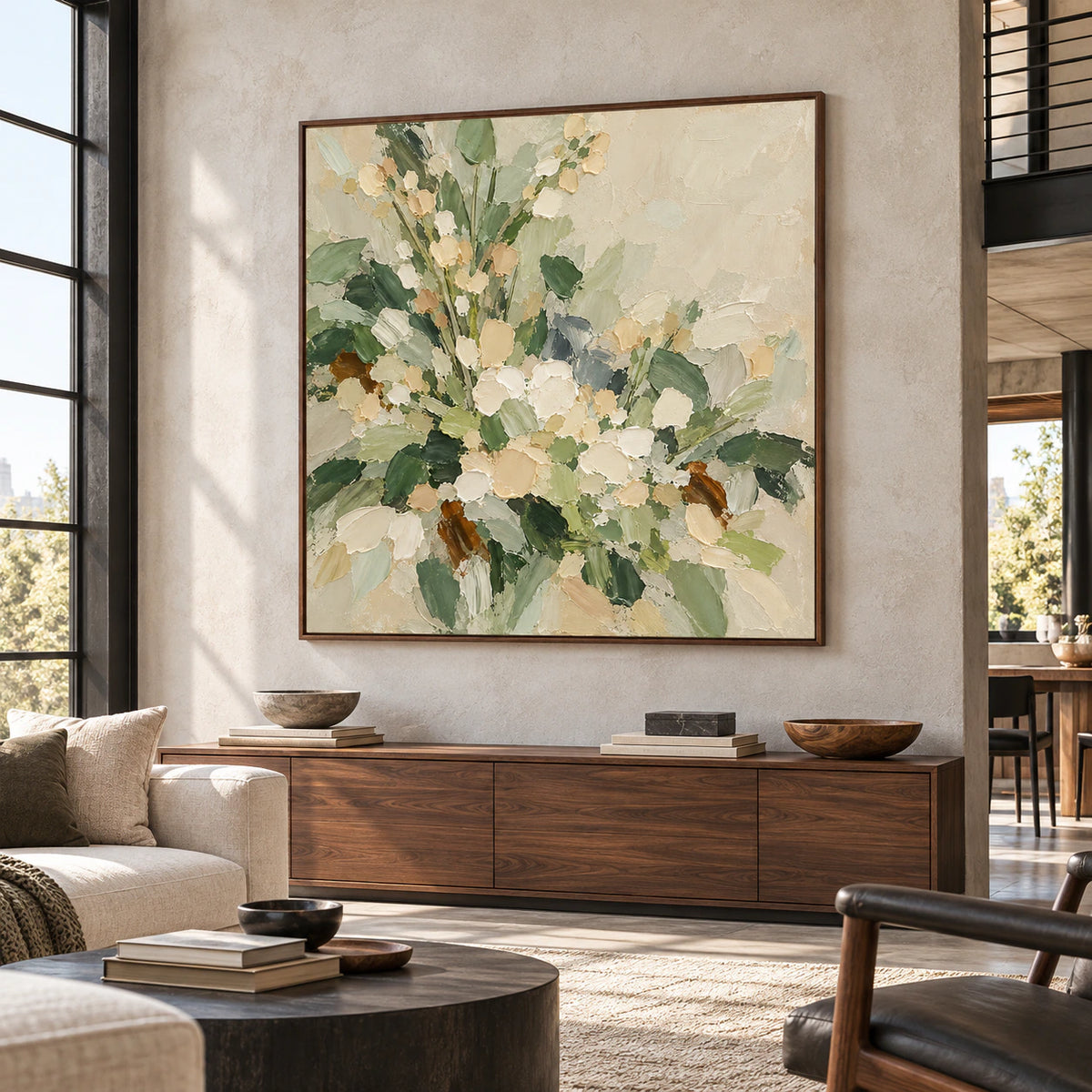 Square floral painting displayed prominently in an expansive loft interior with generous daylight and understated furnishings.