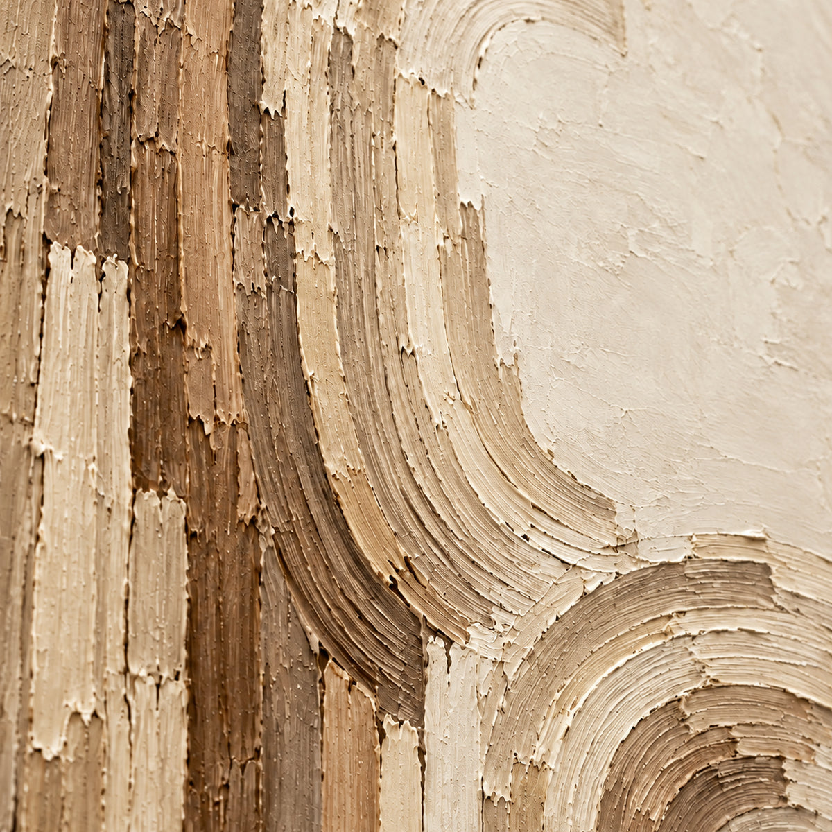 Oblique close-up of cream and taupe oil painting ridges and grooves, with grazing light revealing raised paint and shallow shadows.