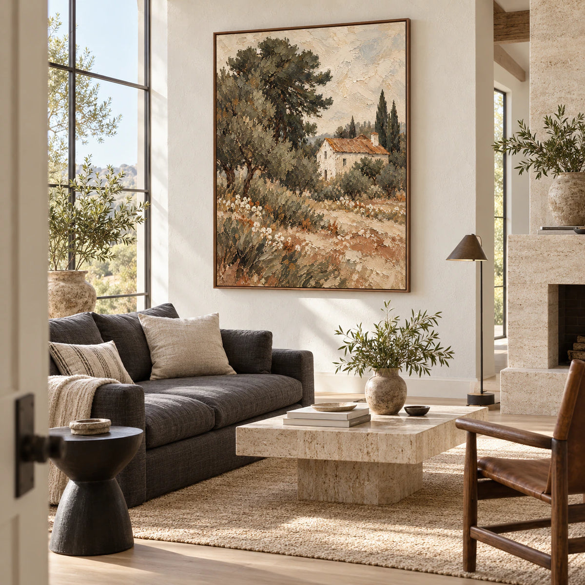Bright living room featuring Cypress-Hearth as a large vertical focal-point painting.