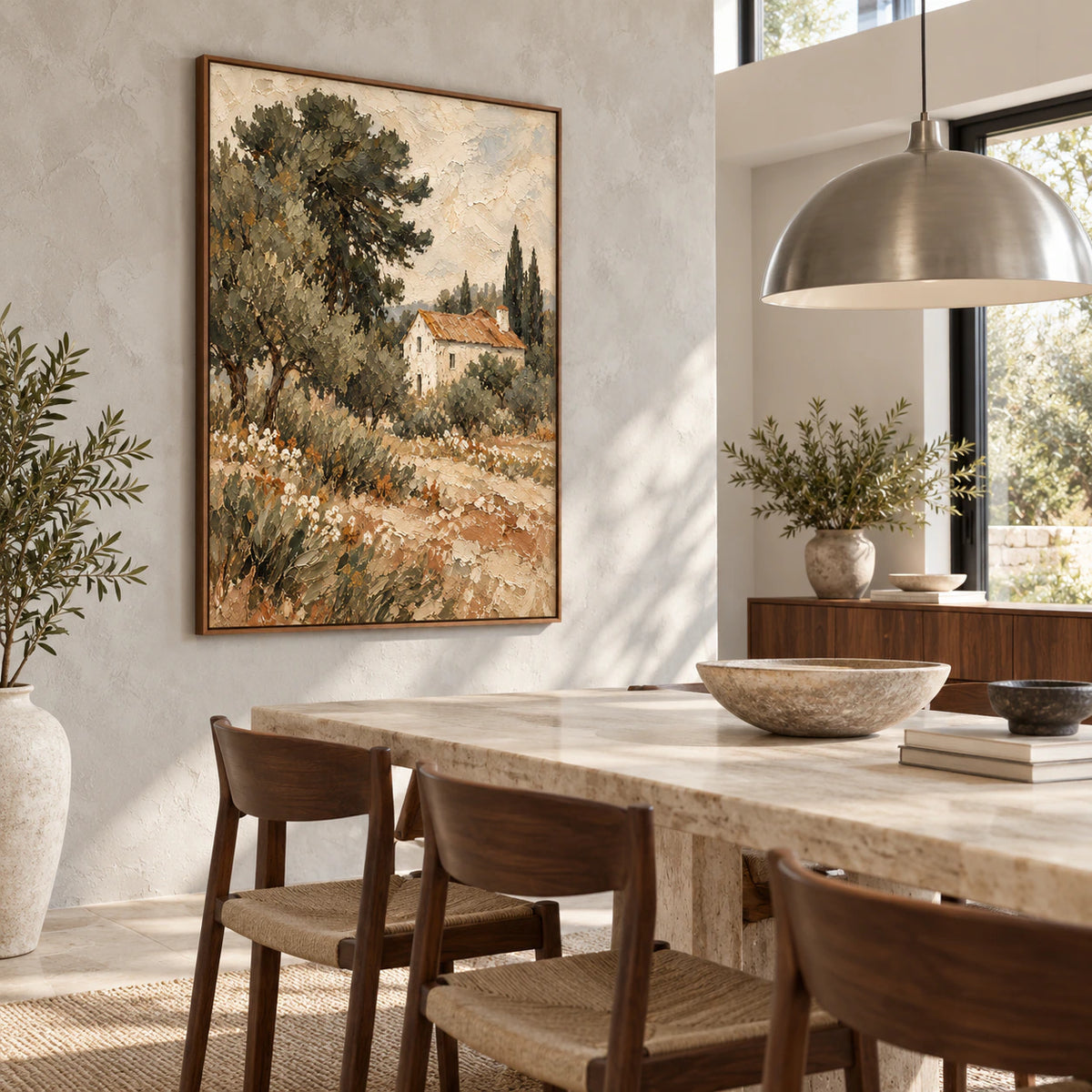 Refined dining room with Cypress-Hearth displayed prominently on a sunlit wall.