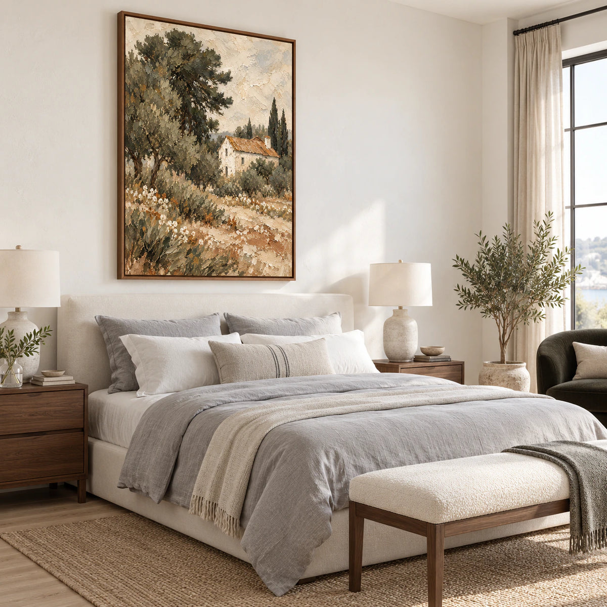 Quiet bedroom with Cypress-Hearth as the dominant large-scale artwork.