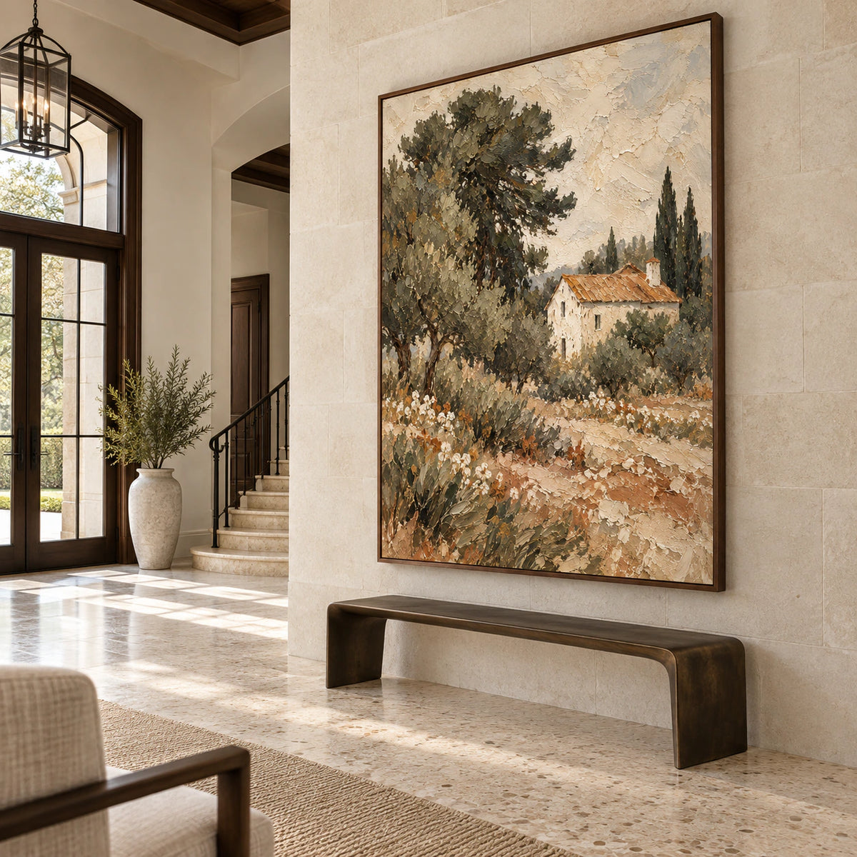 Gallery-scale foyer with Cypress-Hearth as a prominent vertical painting.
