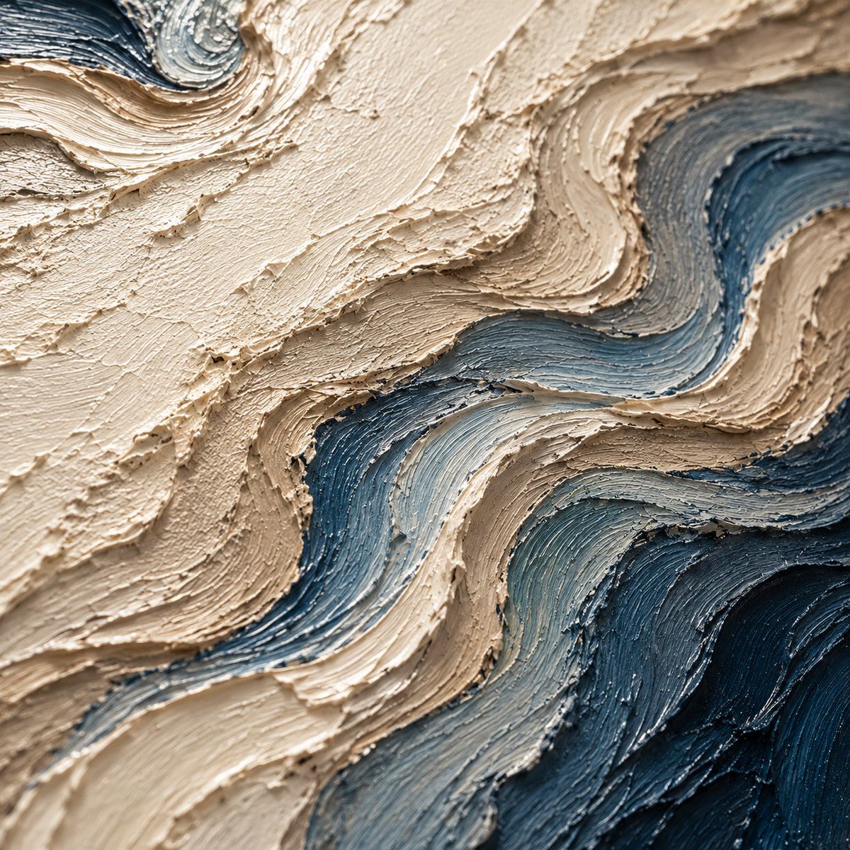 Deepwater-Fold oil painting brushwork and impasto detail photographed from an oblique side angle