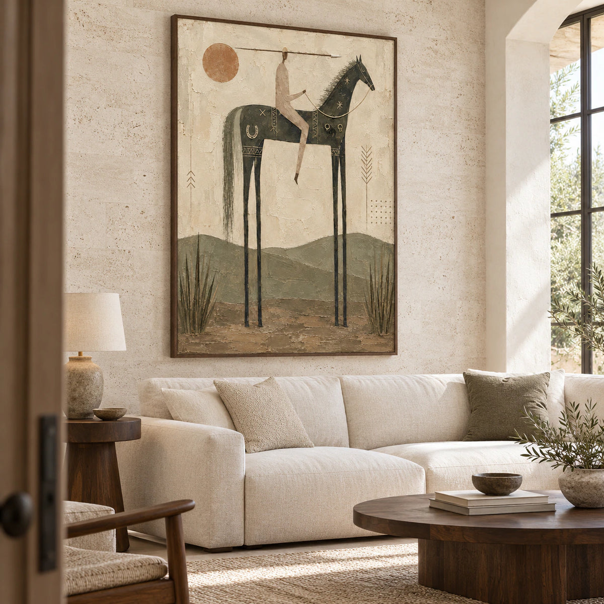 Vertical horse-and-rider artwork above a restrained sofa in a bright living room.