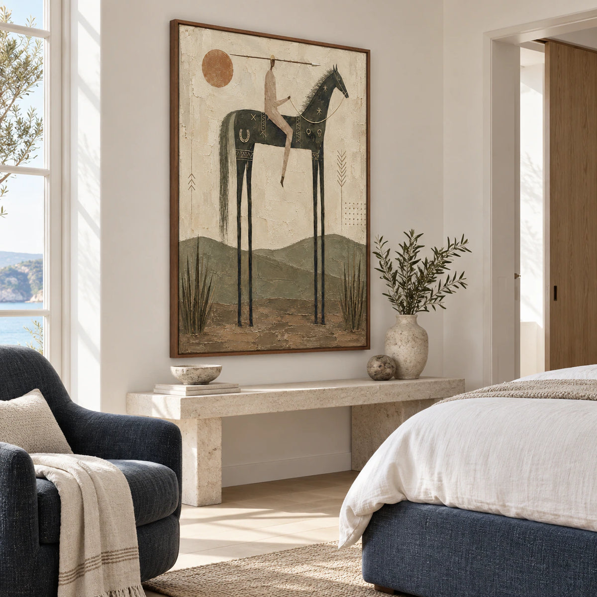 Textured horse-and-rider artwork as the focal point of a quiet bright bedroom.