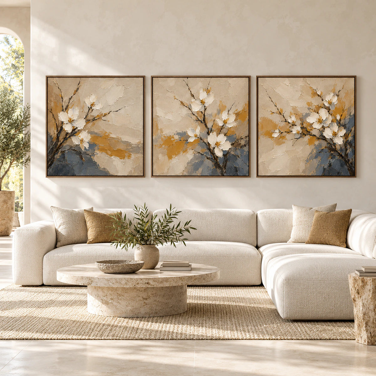 Large straight-on interior view of the Dogwood-Umber floral triptych in slim walnut frames.
