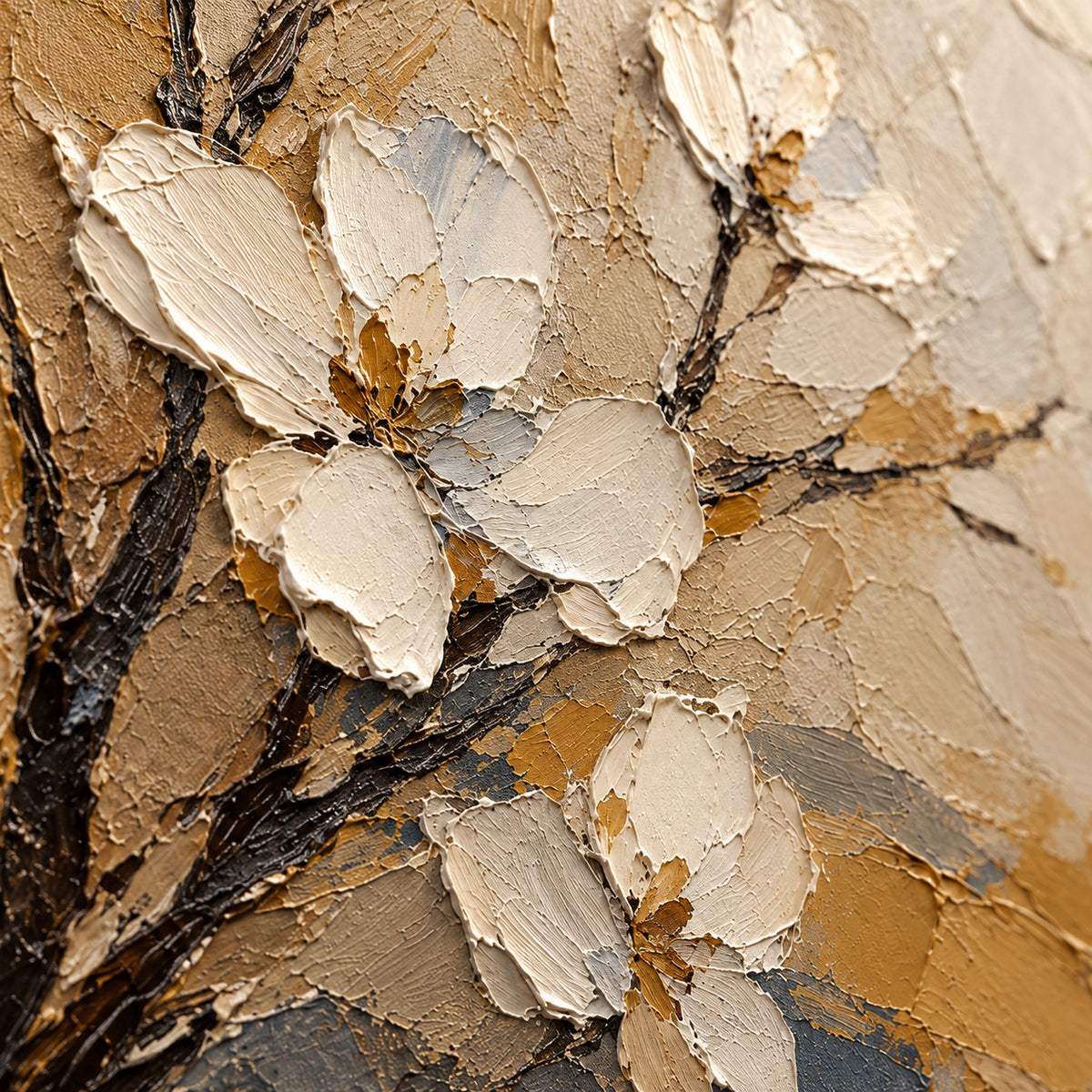 Dogwood-Umber oil painting brushwork and impasto detail photographed from an oblique side angle