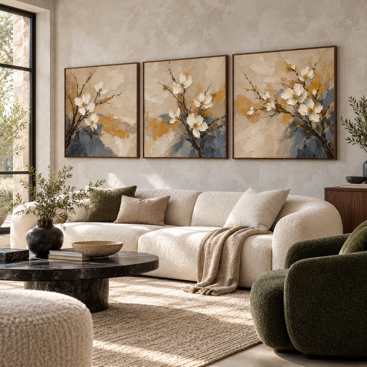 Dogwood-Umber triptych above a bright living-room sofa.
