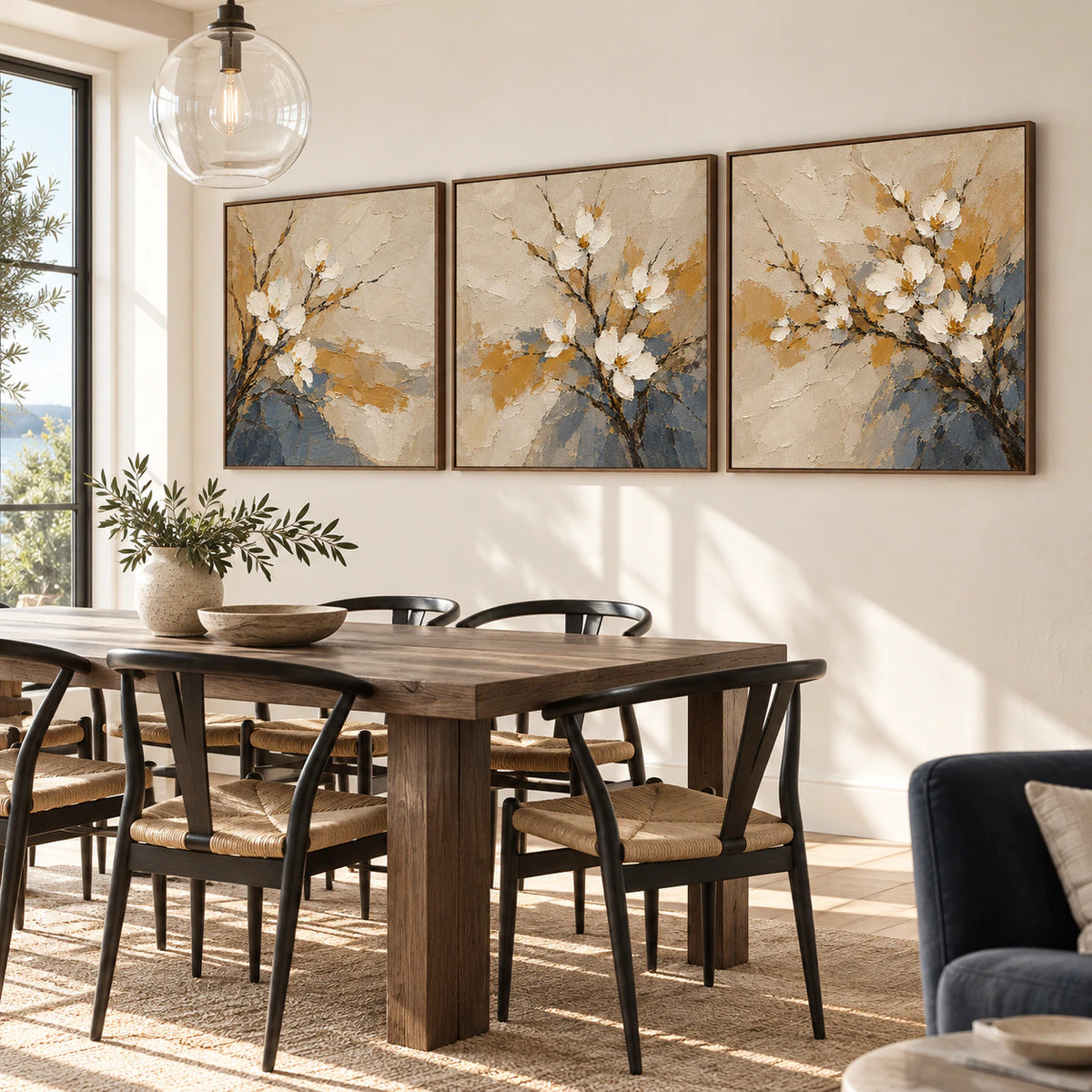 Dogwood-Umber triptych in a refined daylight dining room.