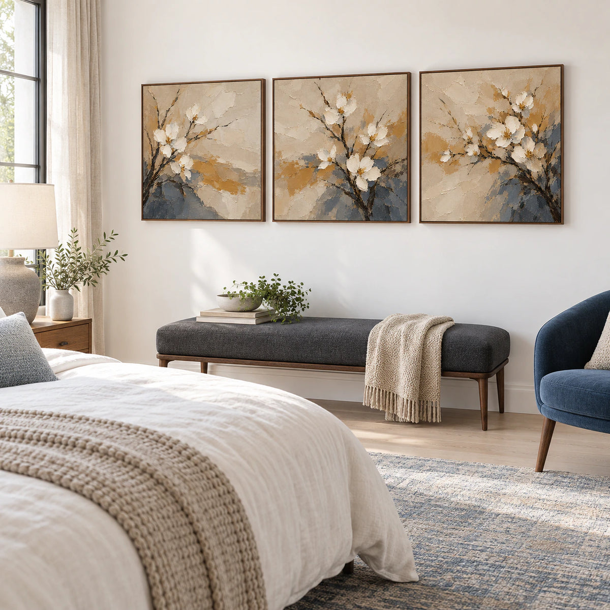Dogwood-Umber triptych above a quiet bedroom bench.