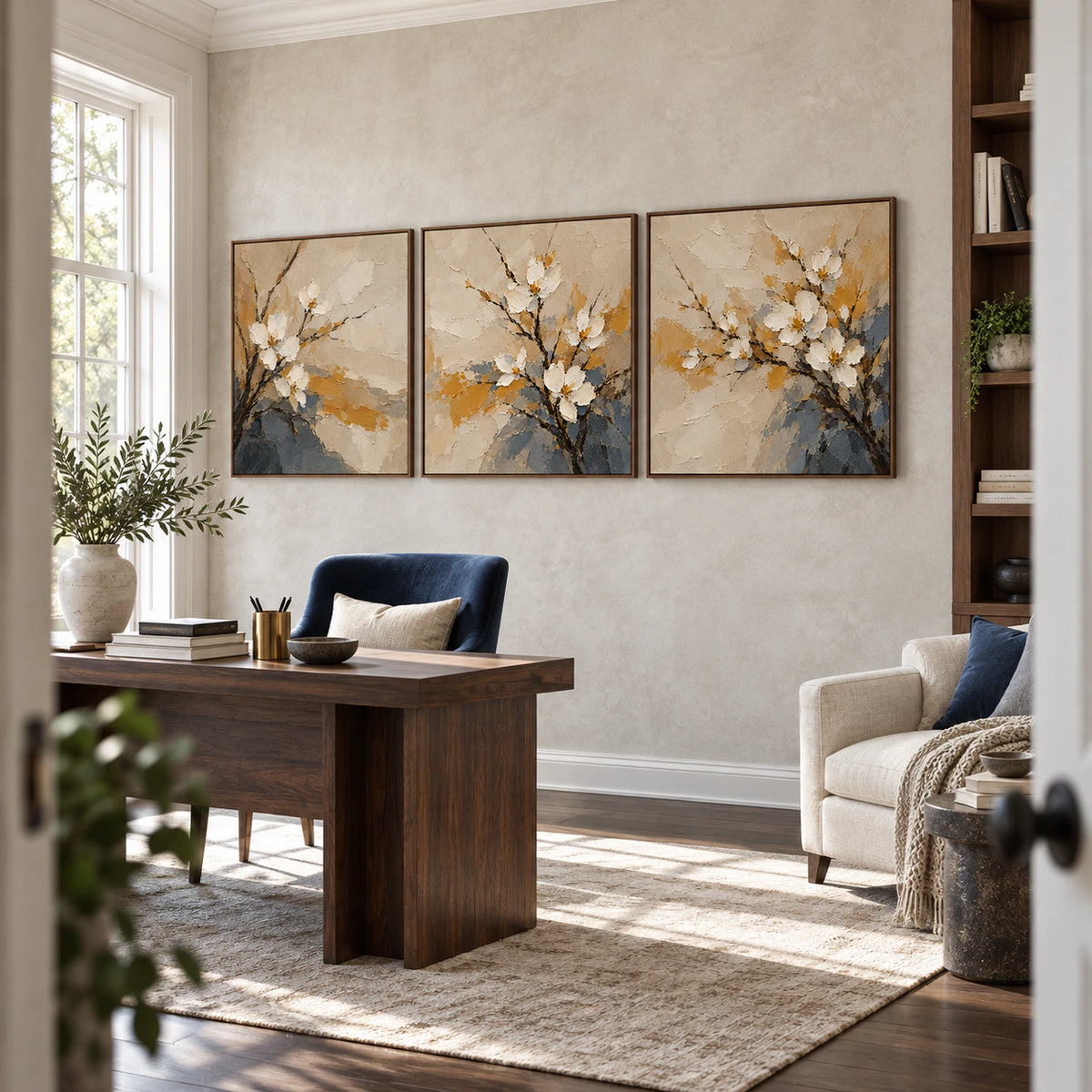 Dogwood-Umber triptych in an airy reading-office interior.