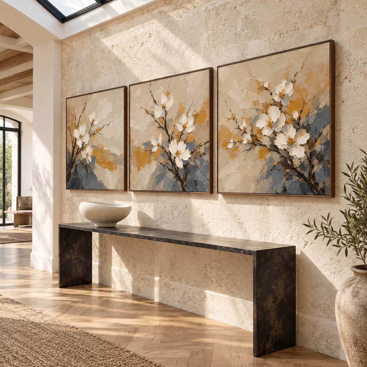 Dogwood-Umber triptych at gallery scale in a bright foyer.