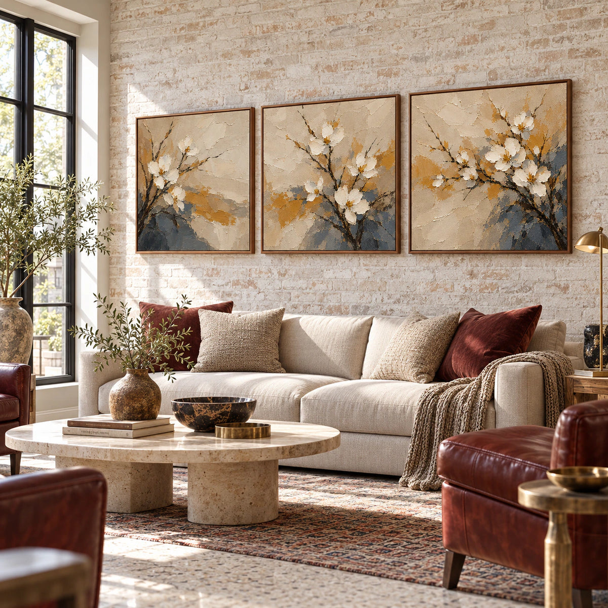 Dogwood-Umber triptych in an expansive daylight loft hospitality interior.