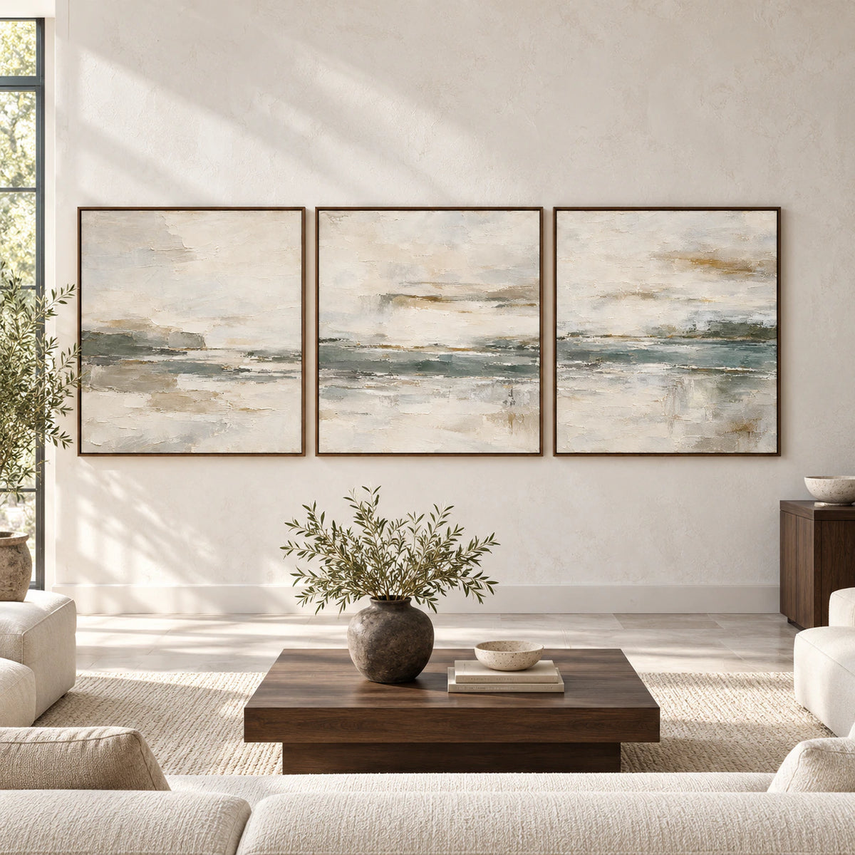 Large straight-on interior view of the Drift-Estuary triptych in slim walnut frames.