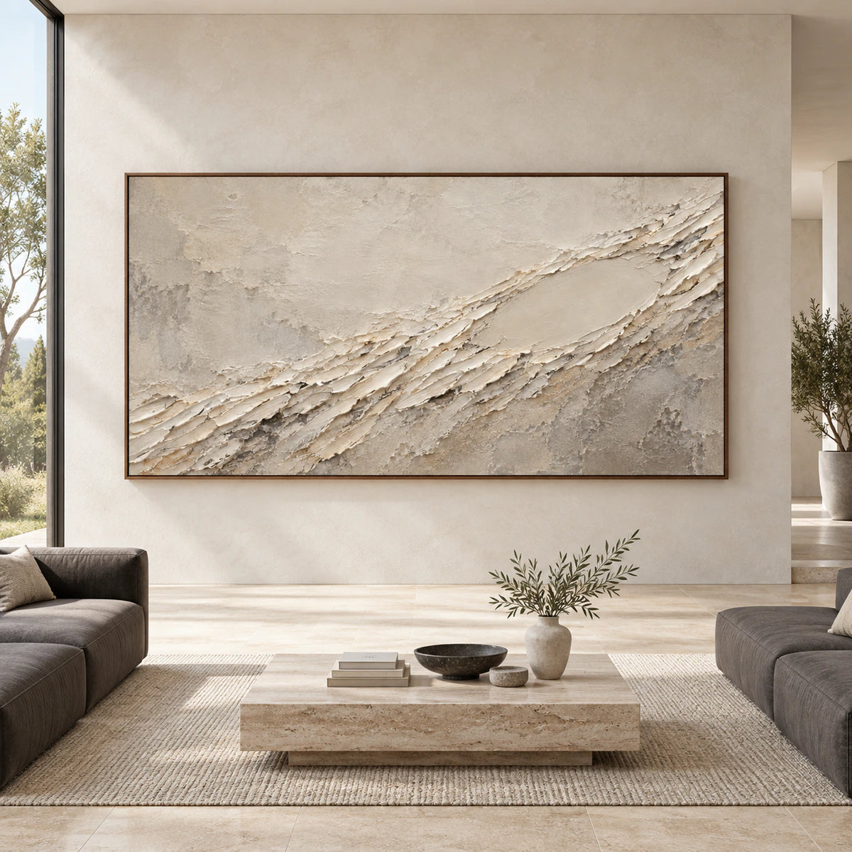 Large textured ivory and gray abstract artwork shown straight-on in a spacious architectural interior.
