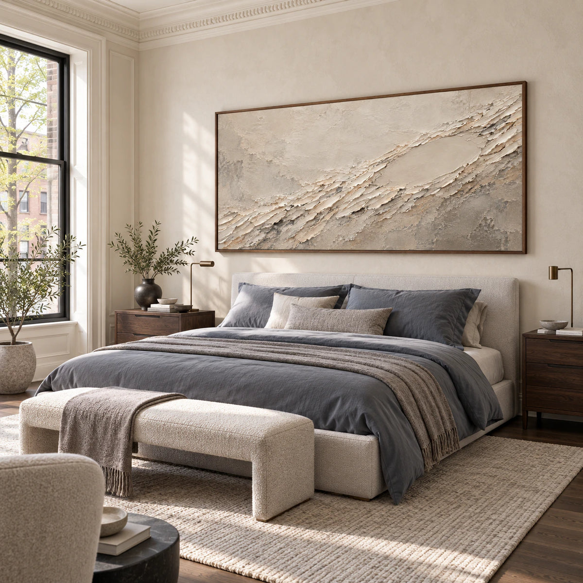Textured ivory and gray abstract artwork above a bed in a quiet bedroom.