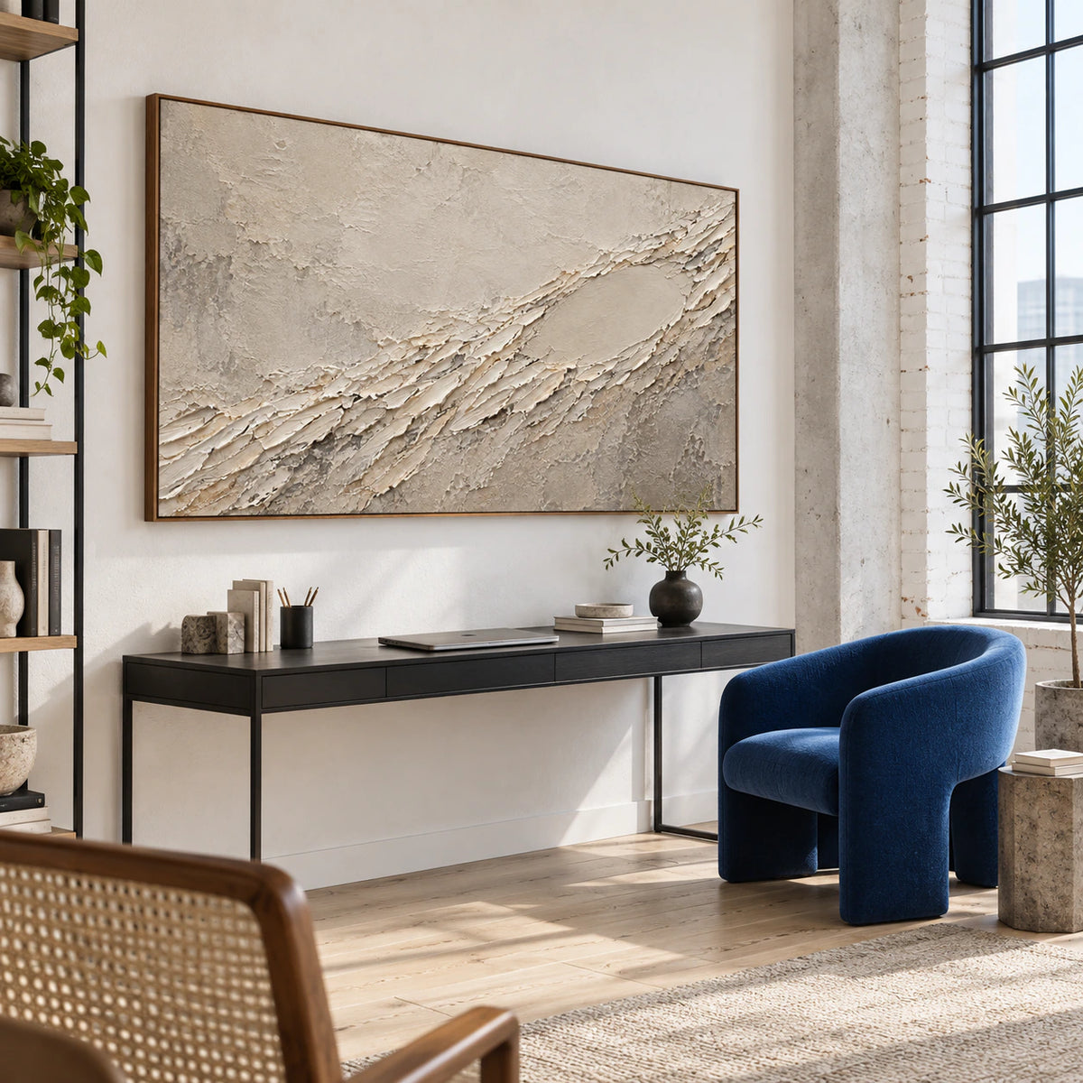 Textured ivory and gray abstract artwork in an airy reading and home office space.