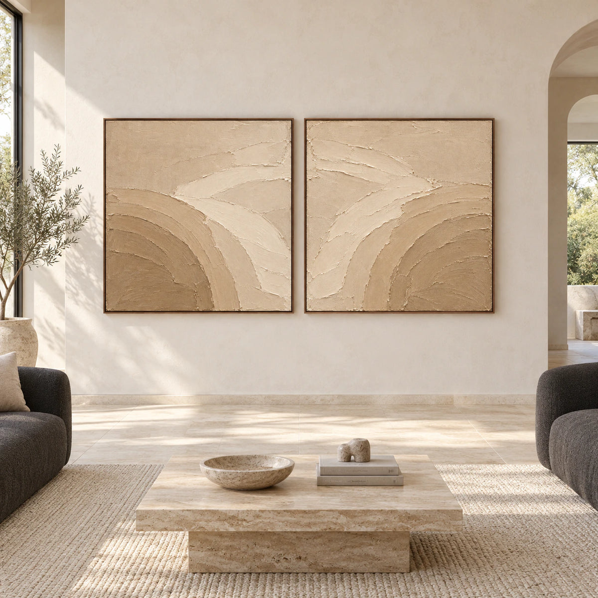 Large Dune-Arc diptych in slim walnut frames, shown straight-on in an open architectural room.
