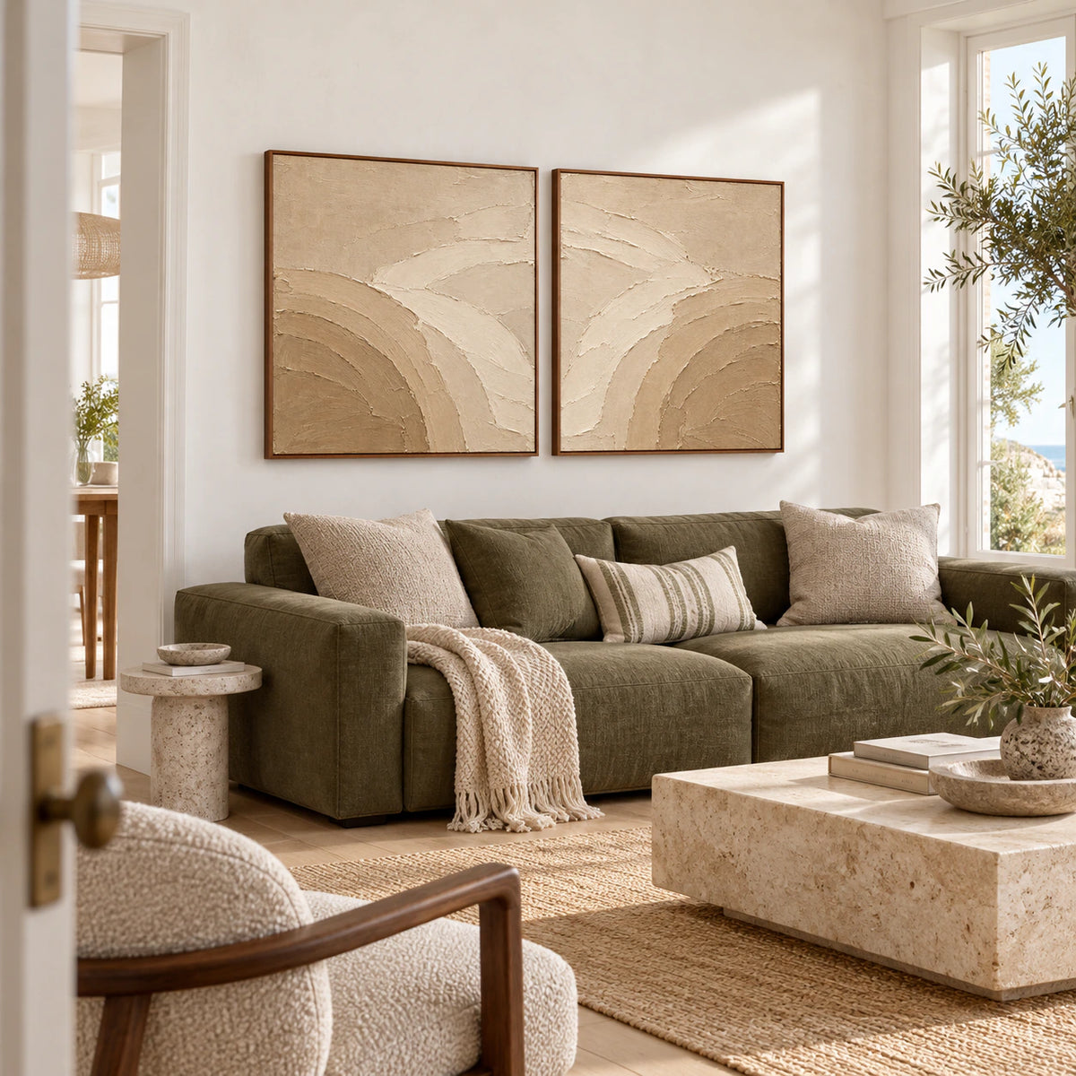 Dune-Arc square diptych above a sofa in a bright living room.