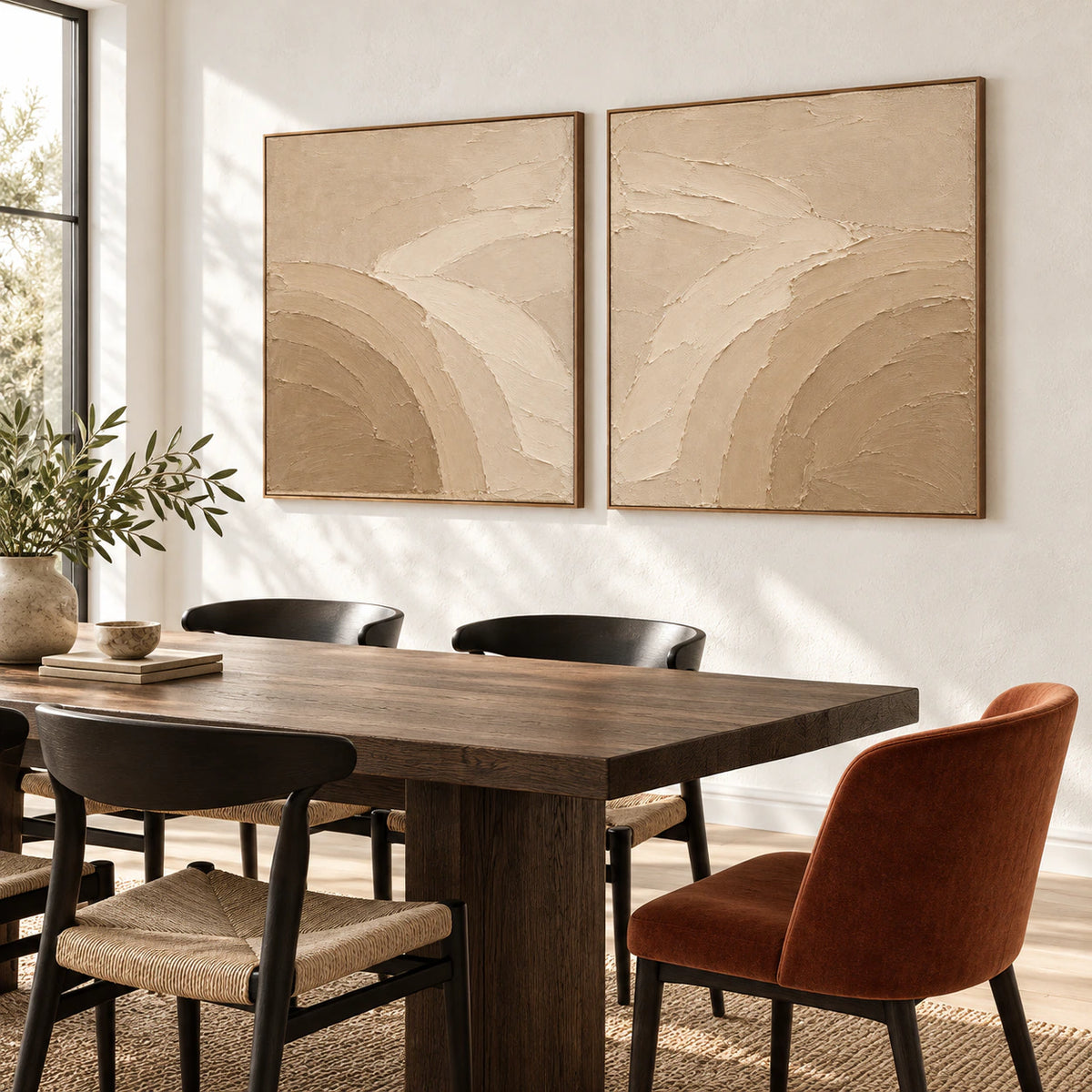 Dune-Arc diptych in a refined daylight dining room.