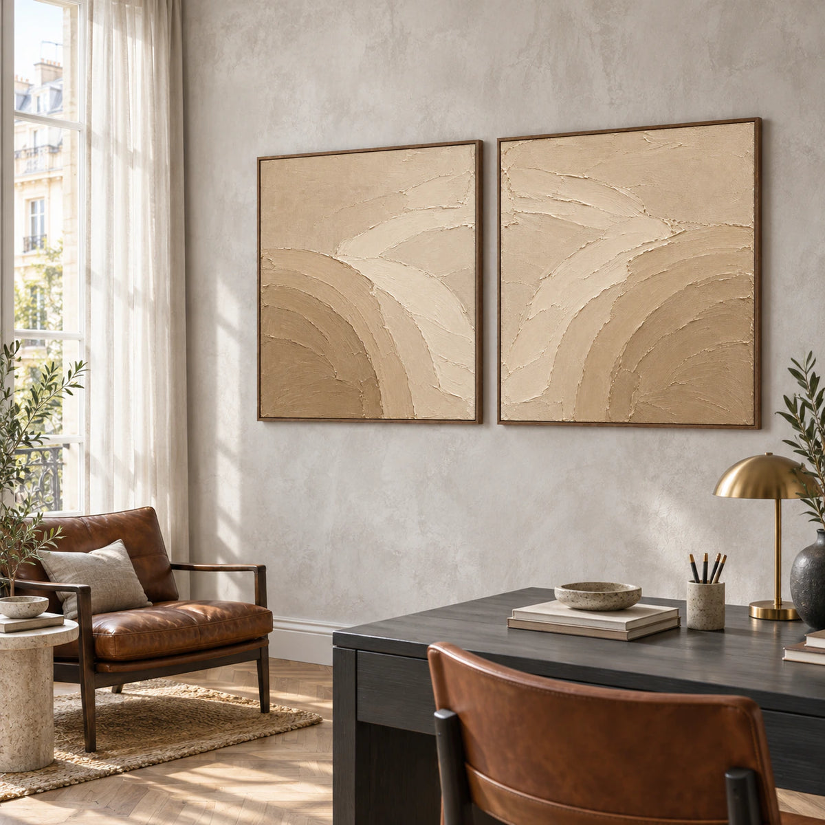 Dune-Arc square diptych in an airy home office reading space.