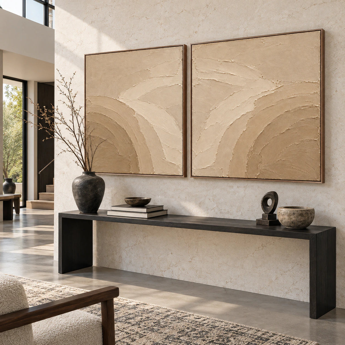 Dune-Arc diptych at gallery scale in a bright foyer.
