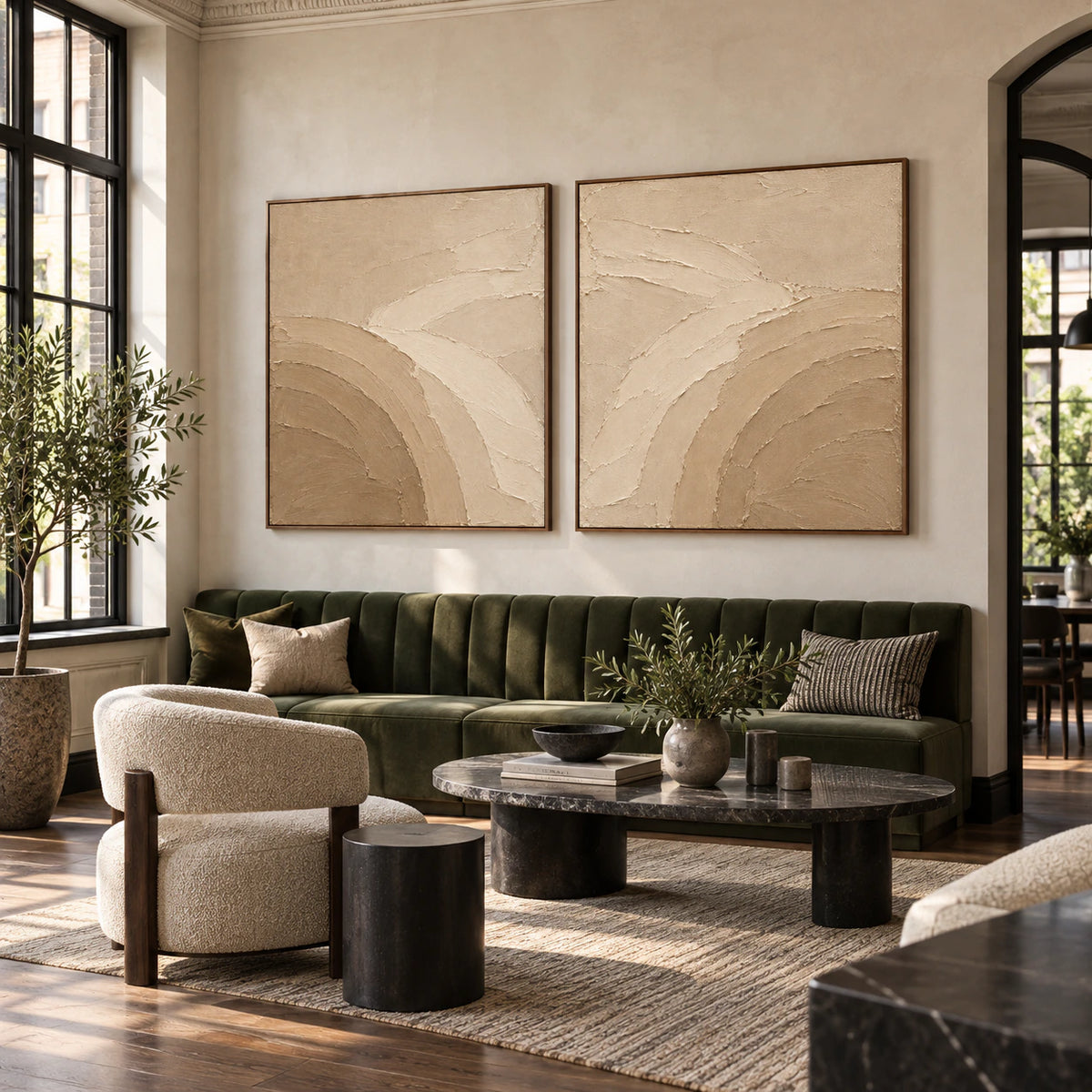 Dune-Arc set of two in an expansive daylight loft interior.