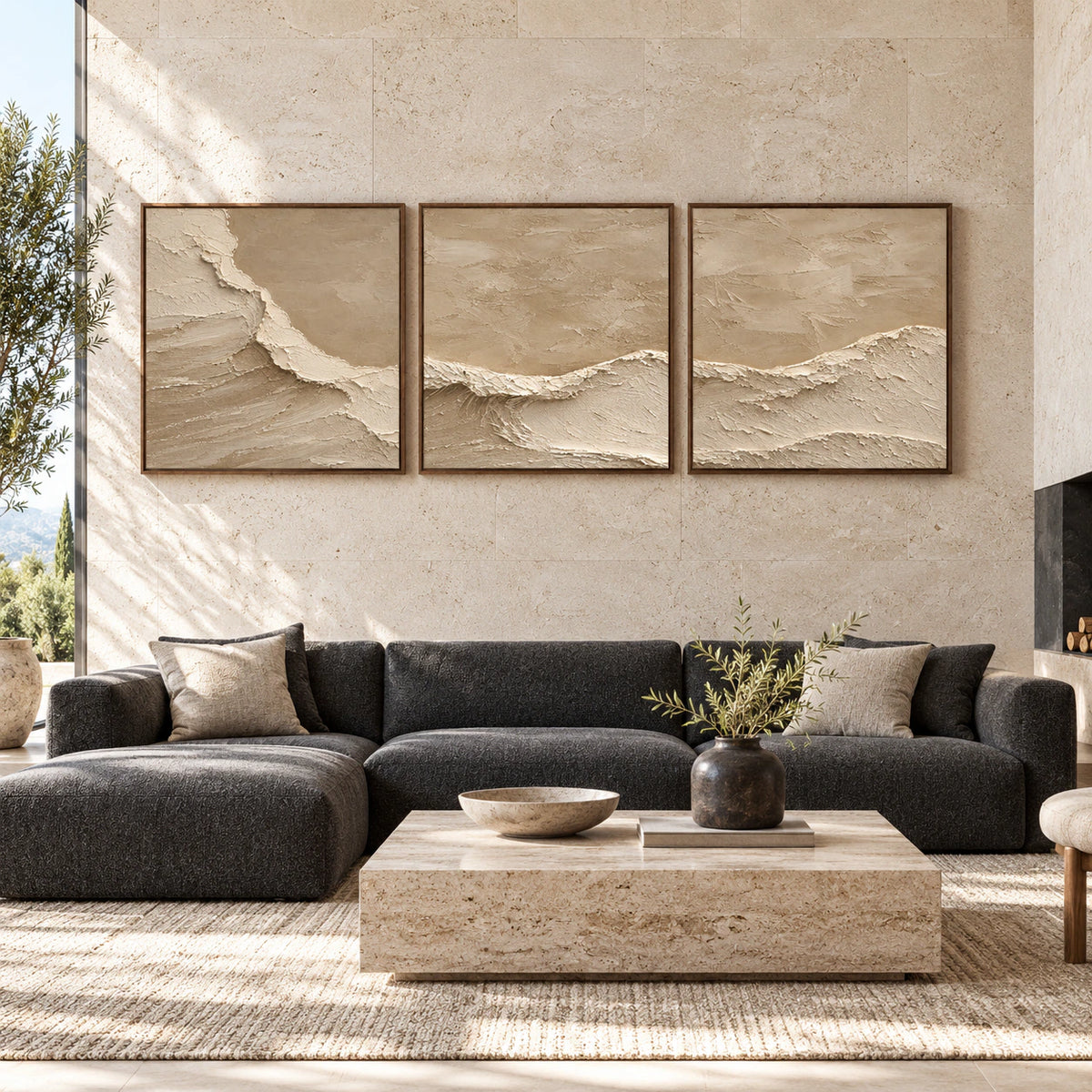 Large straight-on interior view of the Dune-Contours square triptych in matching slim walnut frames.
