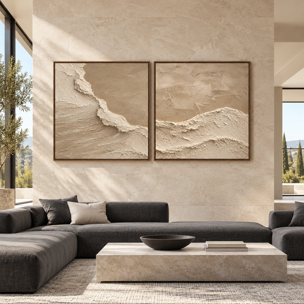 Dune-Escarpment diptych displayed straight-on at large scale in a spacious architectural interior.