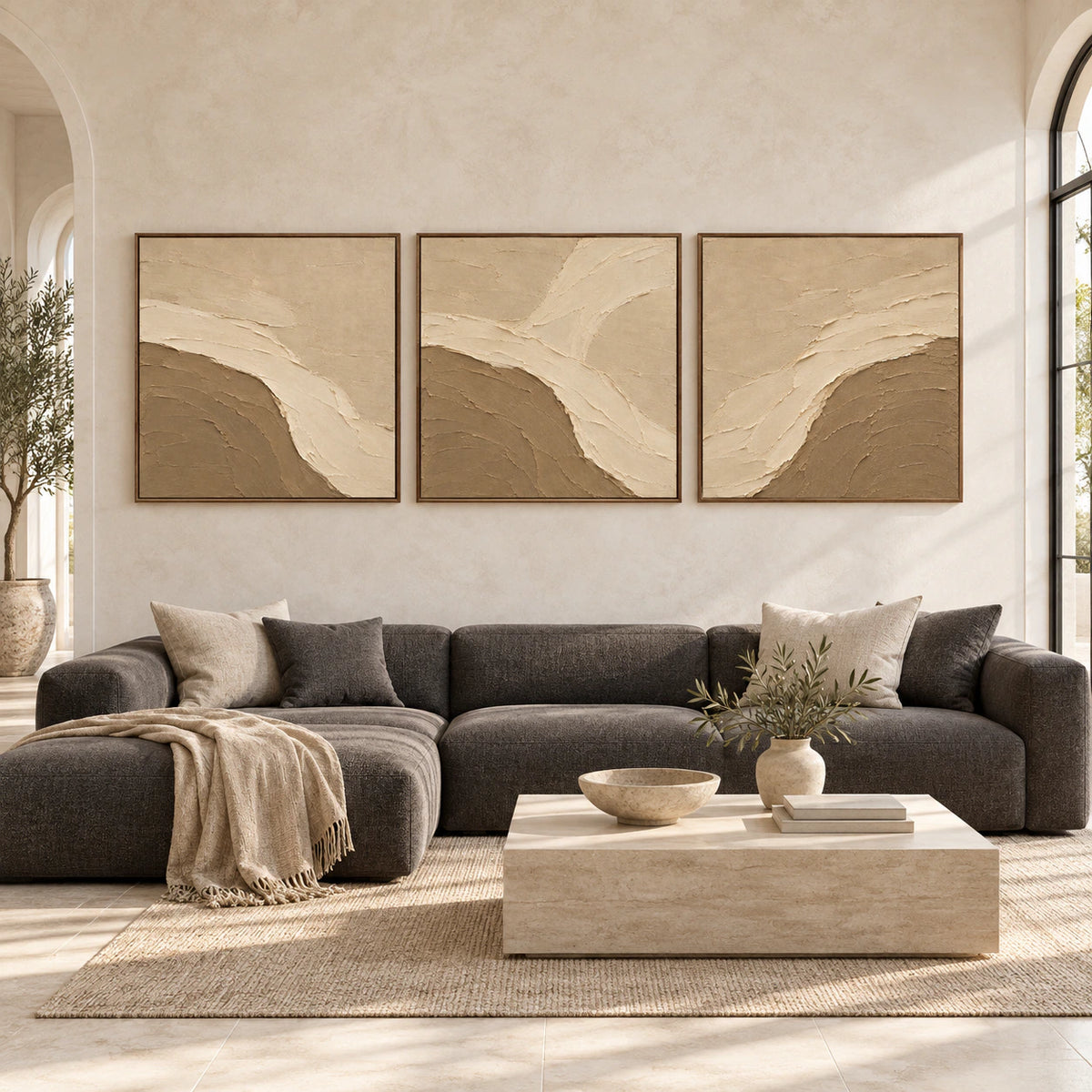 Large straight-on interior view of the Dune-Estuary three-canvas triptych in slim walnut frames.