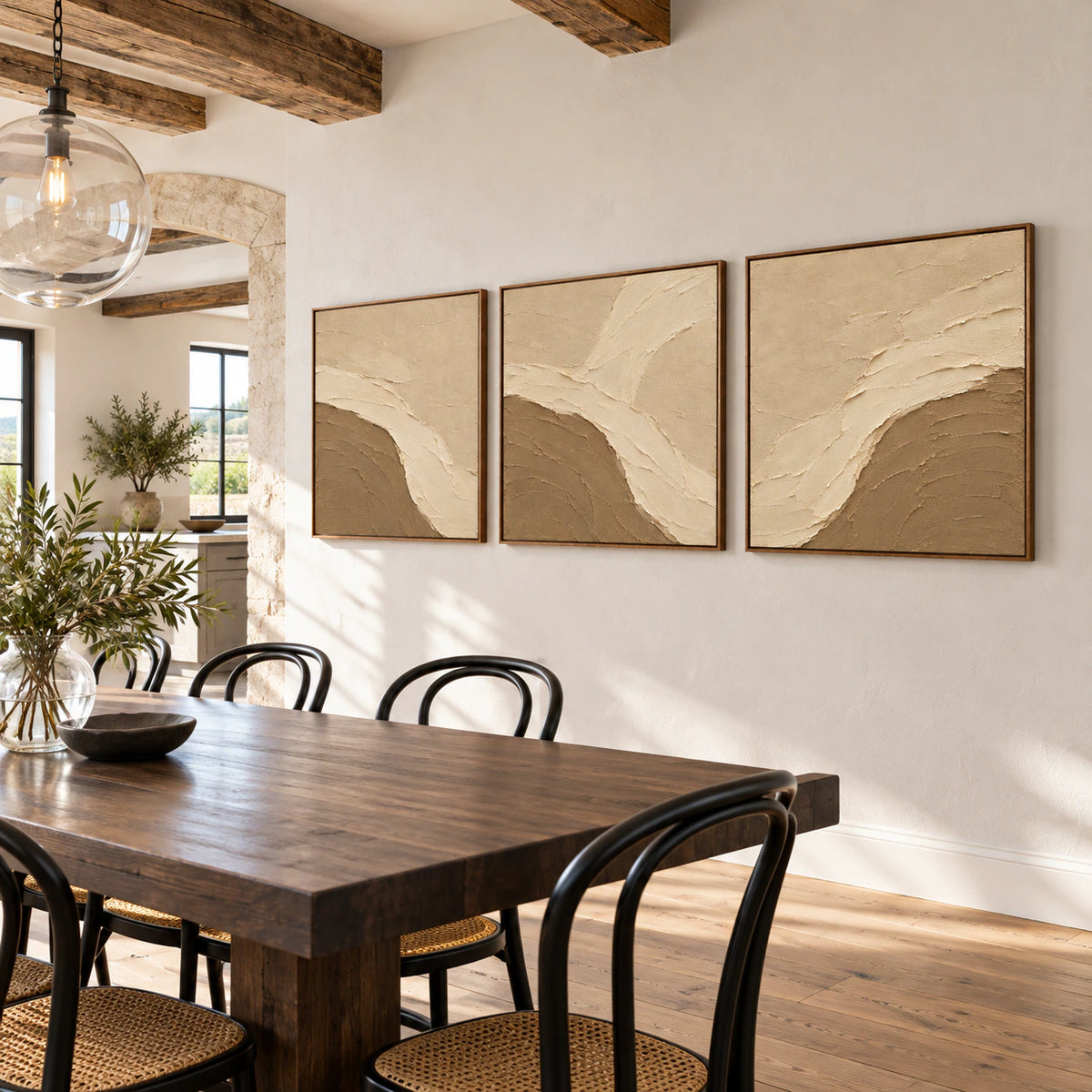Dune-Estuary three-canvas set displayed in a refined daylight dining room.